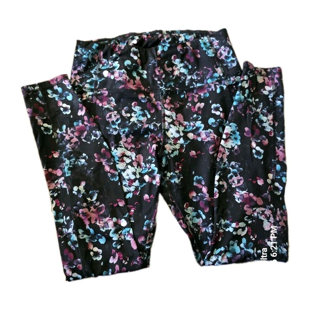 Avia Pull-On Floral Leggings L Black Multi Stretch Elastic Waist Yoga Fitness